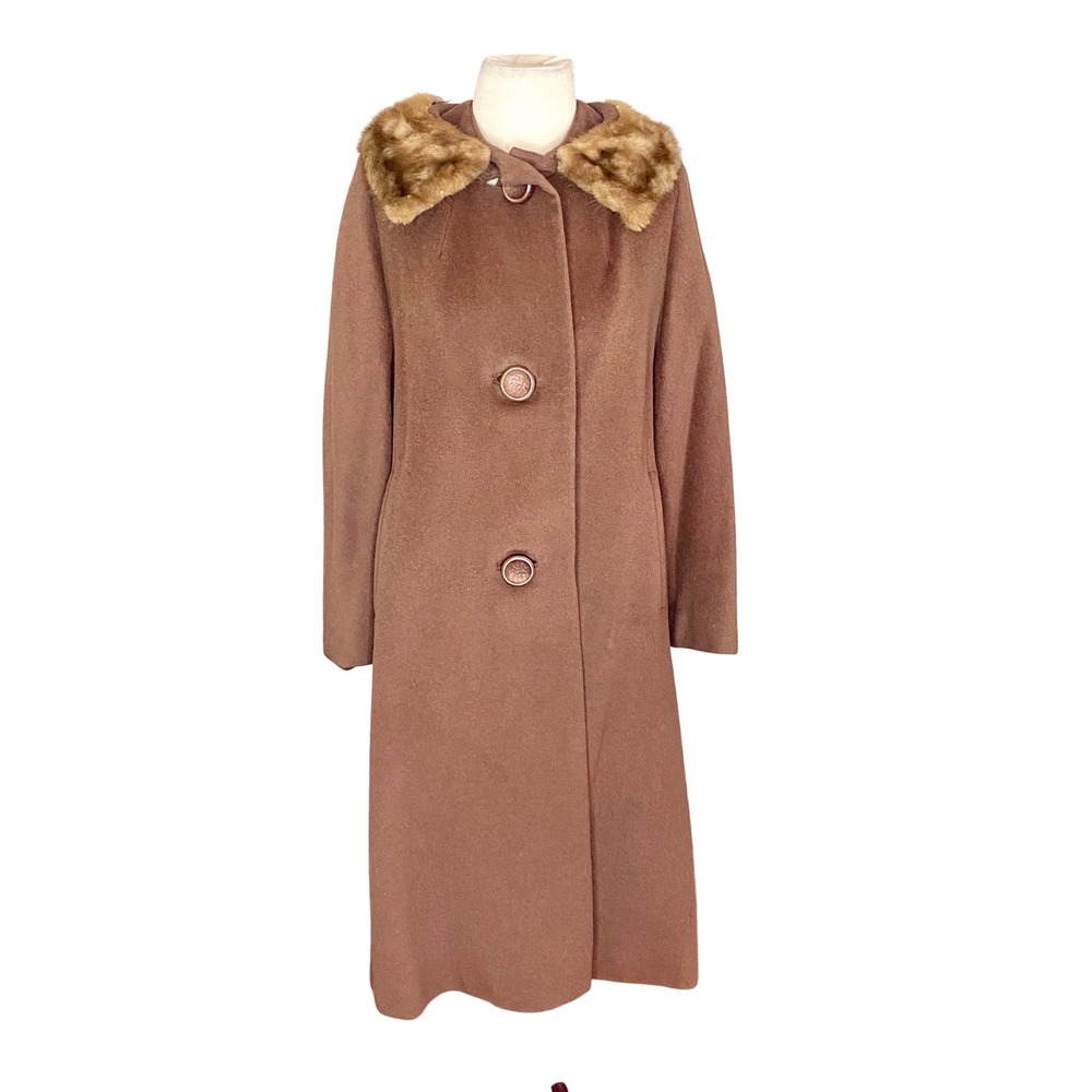 Vtg 50s rothmoor wool Blend Fur Collar Long Coat Brown Button‎ Front Classic